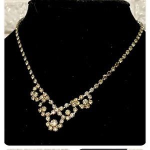 Rhinestone Silver Necklace. Vintage Rhinestones Bib Necklace